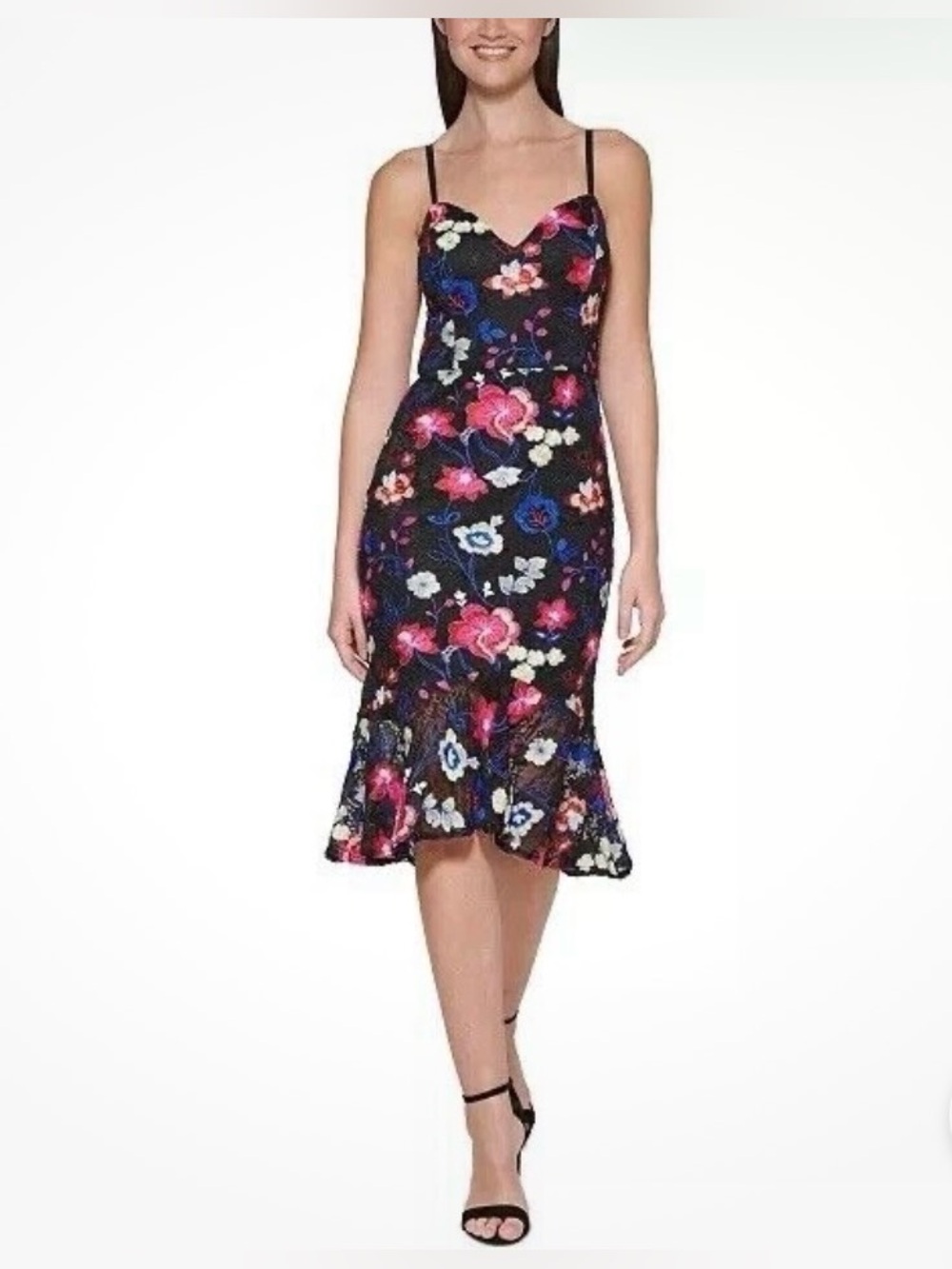 Guess Black Embroidered Floral Midi Dress 2 Bodycon Party Wedding Summer Flirty